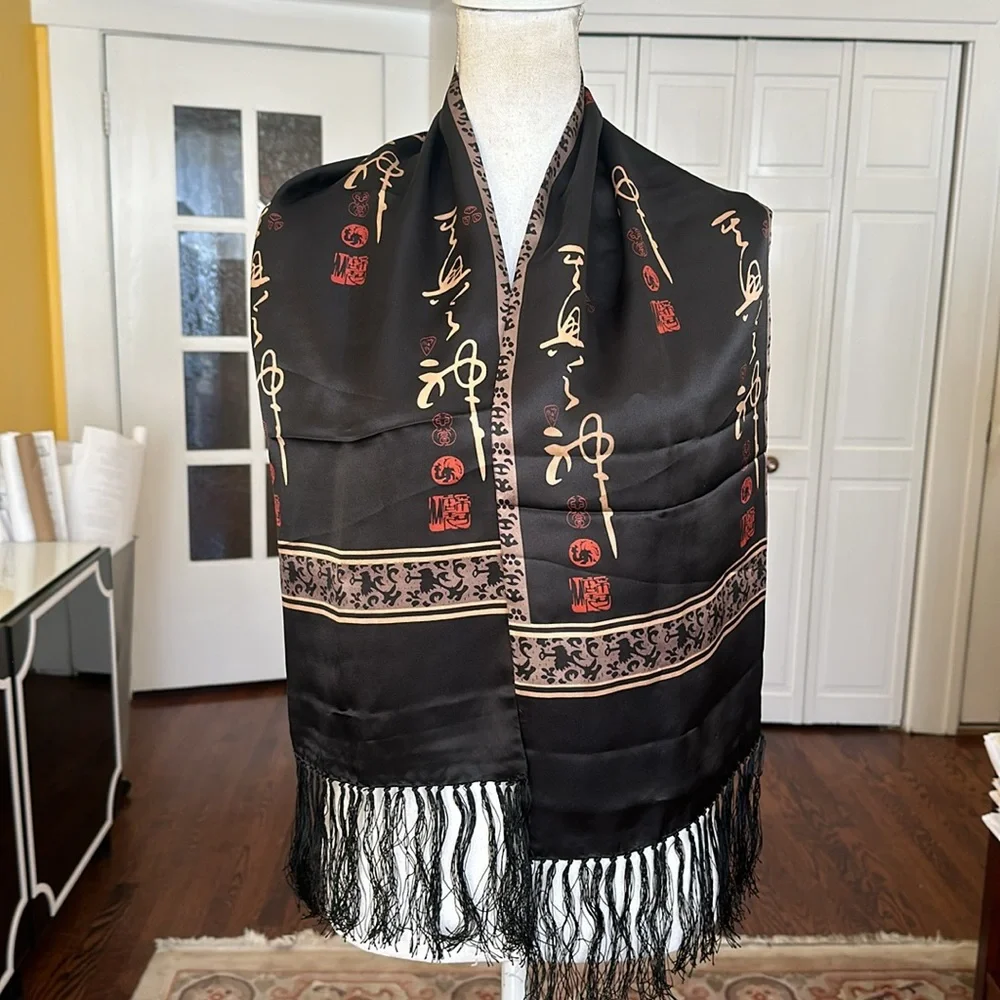 Black 100% Silk Scarf with Fringe Gold Asian Motif Print